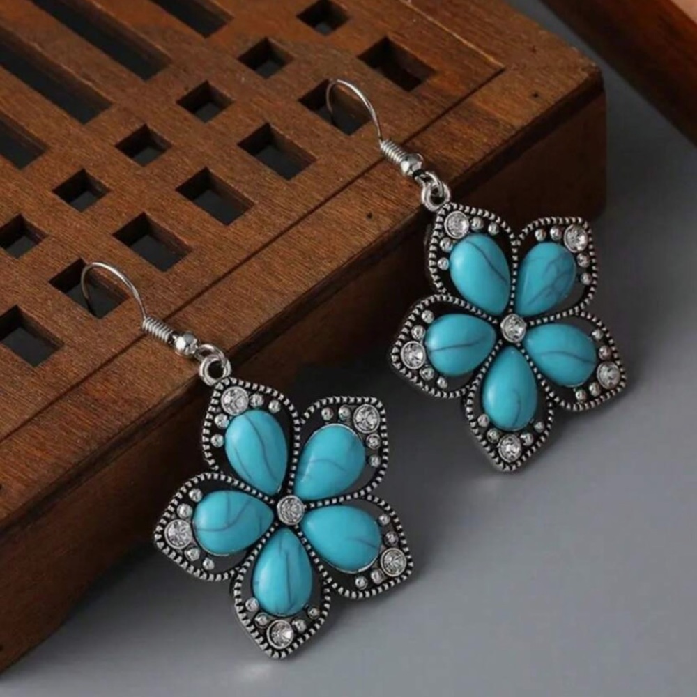 Silver Turquoise w/Mini Crystals  Flower Drop Earrings